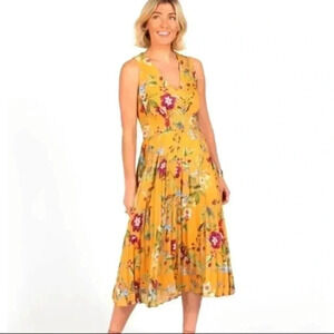 Taylor Floral Yellow/Gold Accordion Pleat Midi Maxi Dress Size 10 Sleeveless